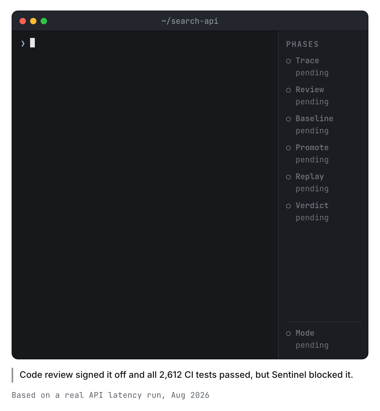 Terminal replay of a real API latency run: the fix ran 62% slower, so Sentinel sent it back